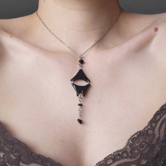 Unique gothic abstact Modernist black clay silver rosary necklace - Picture 9 of 9